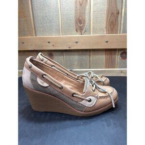 Sperry Top-Sider Womens Wedge Heel Boat Shoes 8.5M Leather Upper Tan & Beige